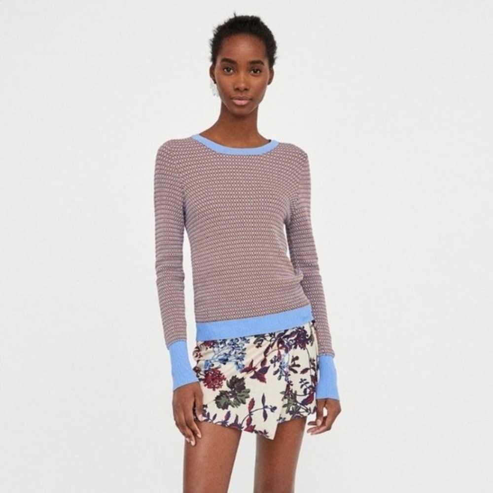 Zara Knit Blue Brown Honeycomb Textured Long Sleeve Crewneck Sweater Small